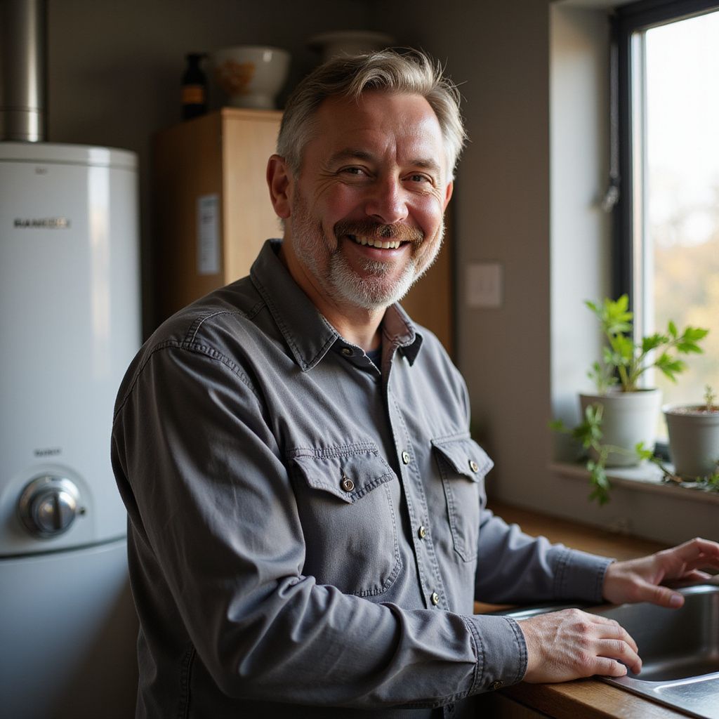 Man in grey shirt smiles by a kitchen sink, next to a window with plants.