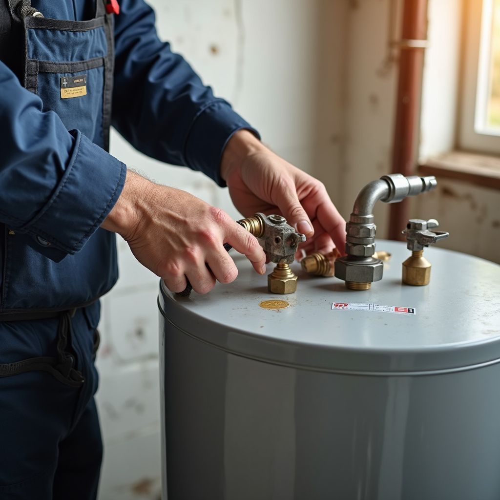 Plumber in blue jumpsuit works on top of a water heater indoors, connecting pipes.