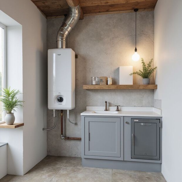 White water heater on a gray wall in a utility room, with a gray cabinet and wooden shelf.