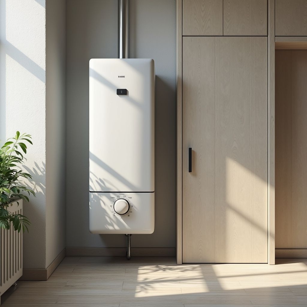 White water heater on wall next to a wooden door and a radiator. Sunlight casts shadows on the floor.
