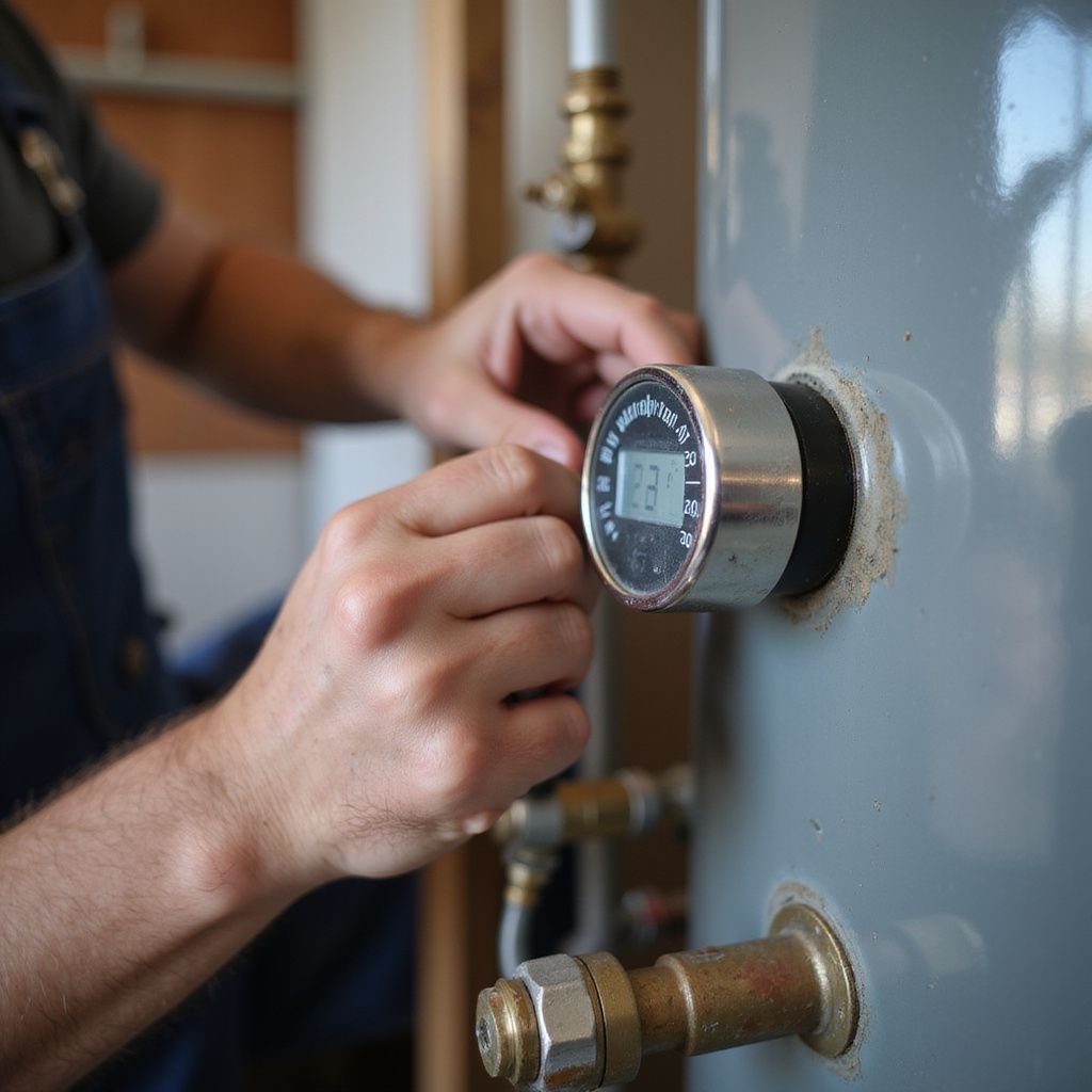 A person adjusting a digital display on a water heater.