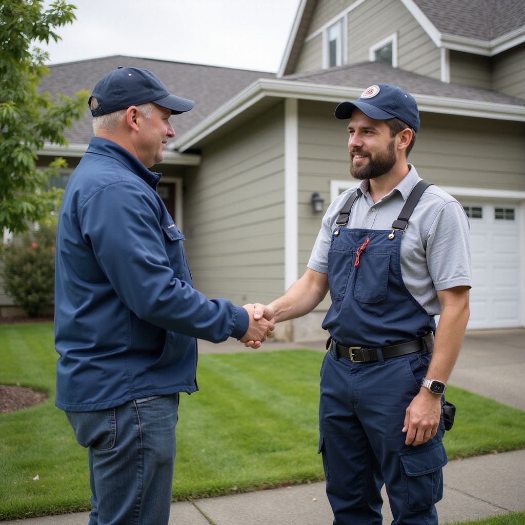 Two men shaking hands in front of a house, wearing matching navy hats and work attire.