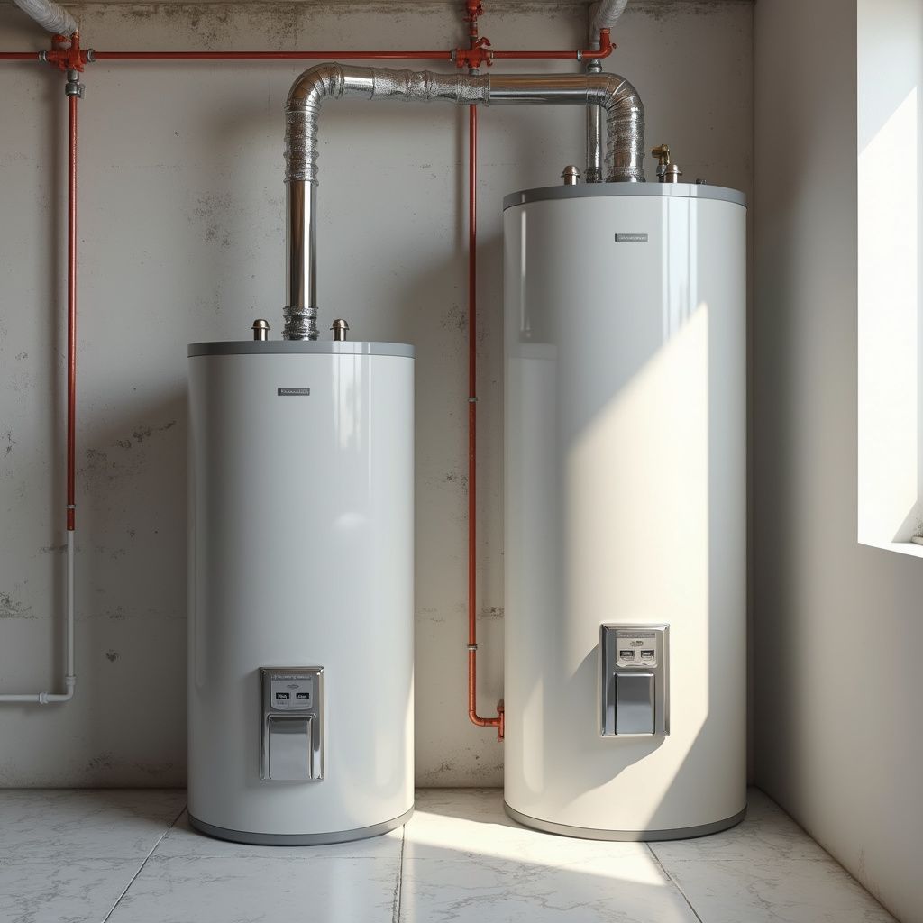 Two white water heaters in a basement setting, with metal piping and red gas lines.