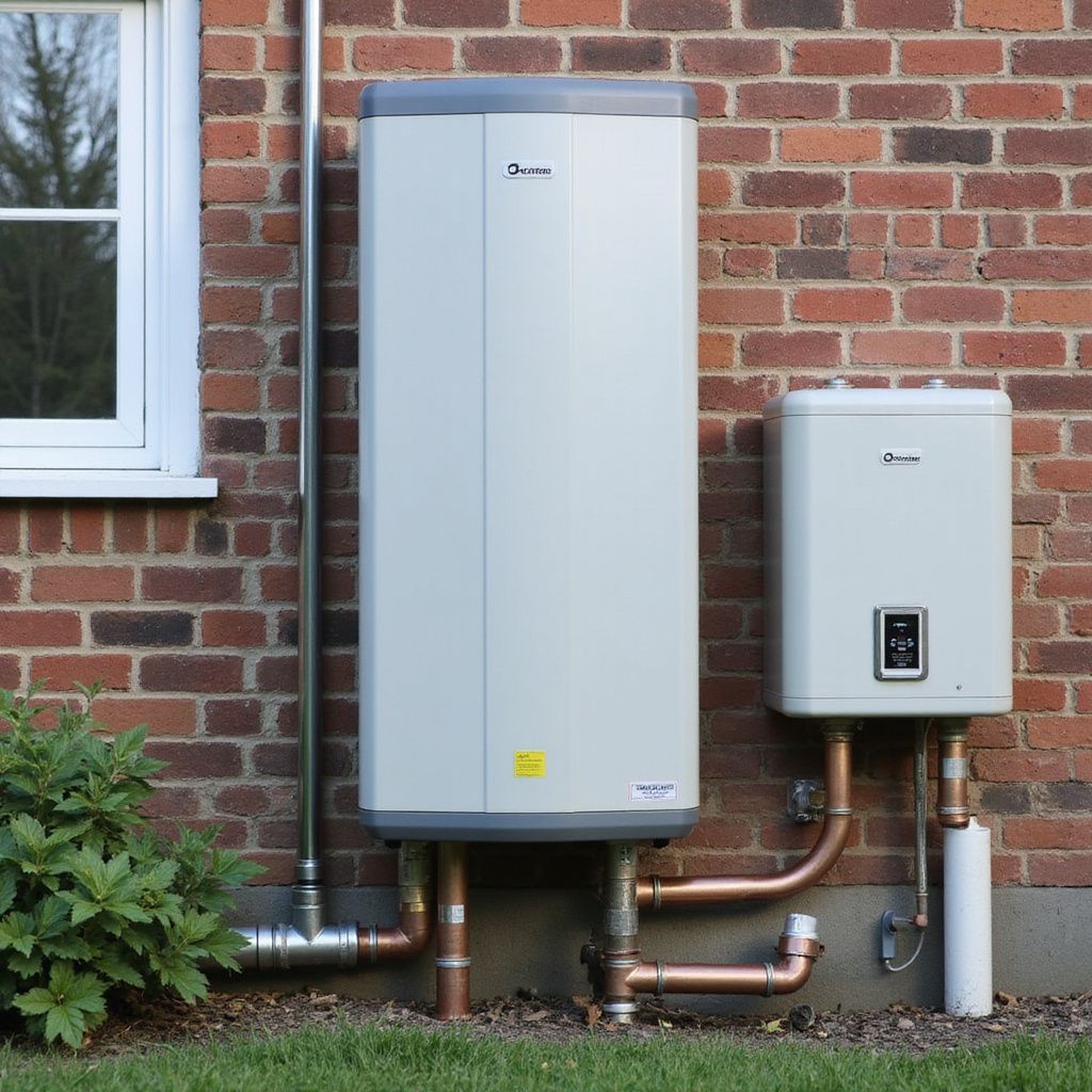 Two white heat pump units mounted on a red brick wall outdoors. Copper pipes connect them.