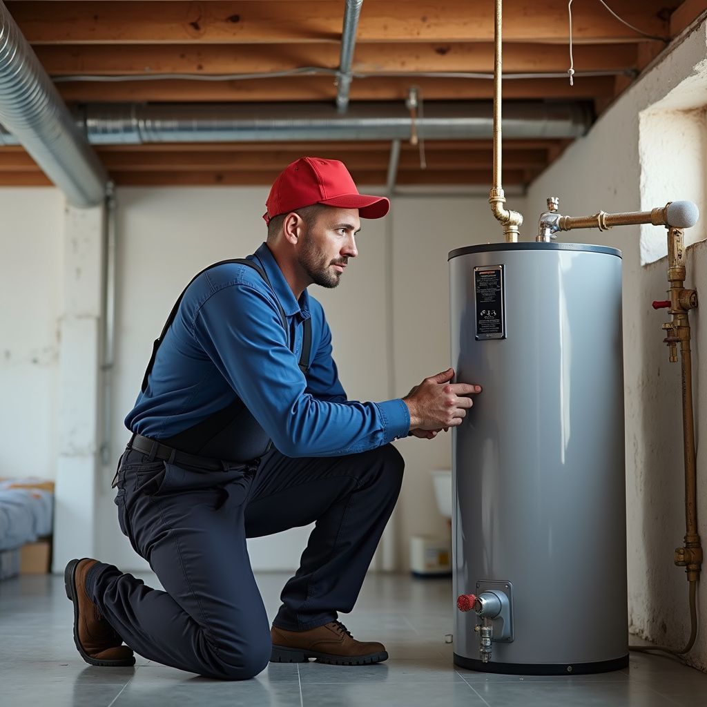 A plumber in a red cap kneels by a water heater in a basement, inspecting it.