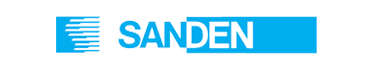 Sanden logo: Blue rectangular shape with stylized parallel lines and the word "SANDEN" in white text.