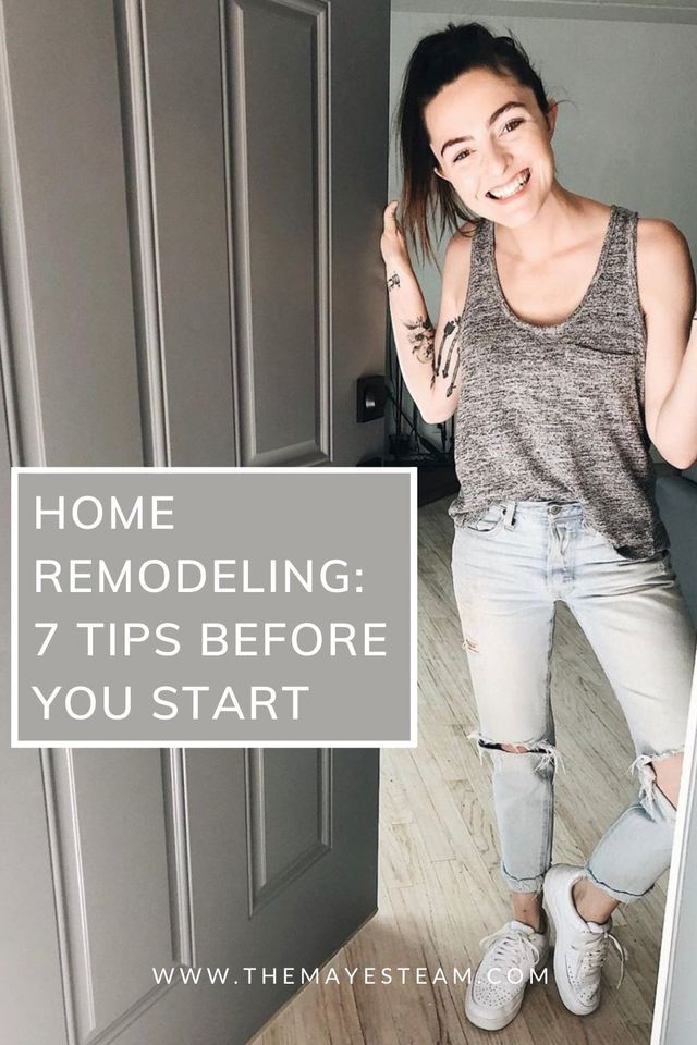 Debbie Mayes opens her door smiling about home remodeling. Image overlaid with text that reads Home Remodeling: 7 Tips Before You Start.
