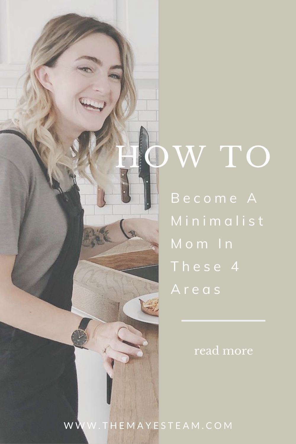 Debbie Mayes smiles while preparing breakfast. Image overlaid with text that reads How to Become a Minimalist Mom in These 4 Areas. Read more.