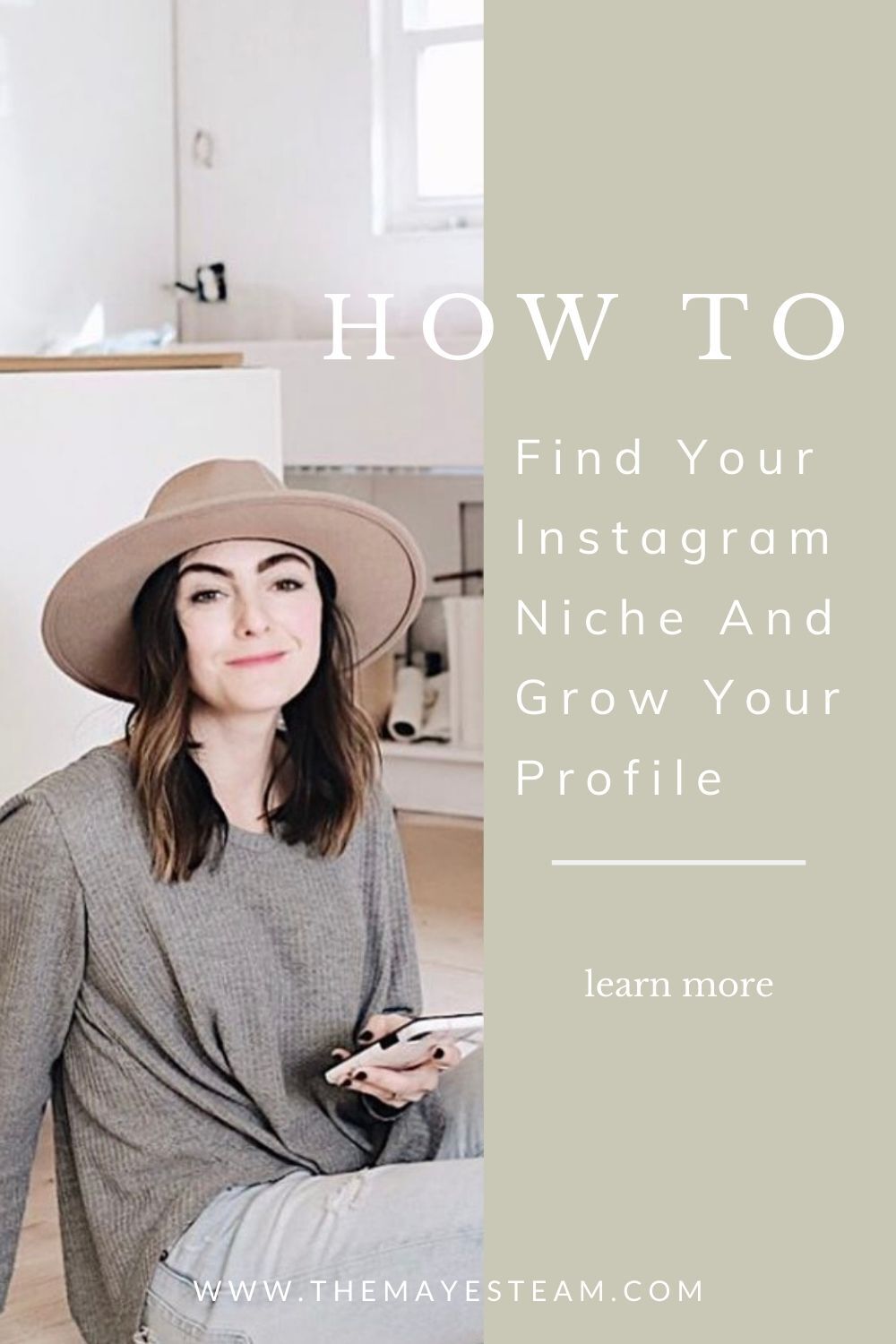 Debbie Mayes smiles about her Instagram niche while holding her iPhone. Image overlaid with text that reads How to Find Your Instagram Niche and Grow Your Profile.