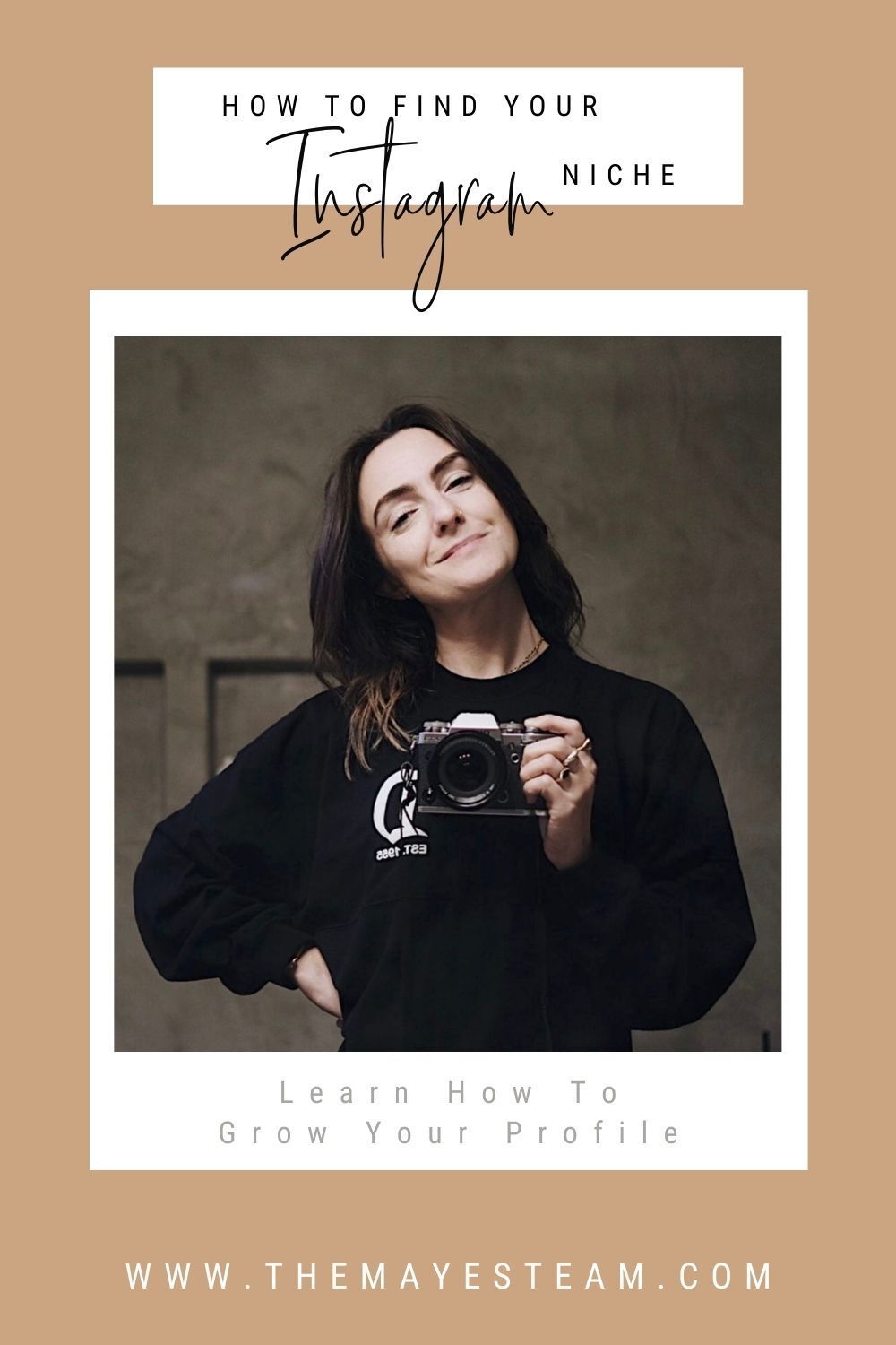 Debbie Mayes takes a selfie with a film camera as part of her Instagram niche. Image overlaid with text that reads How to Find Your Instagram Niche Learn How to Grow Your Profile.