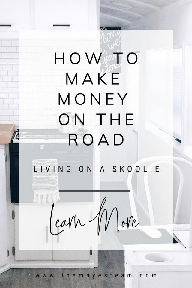 An image of the skoolie kitchen with text overlaying the image that reads How to Make Money on The Road: Living on a Skoolie.