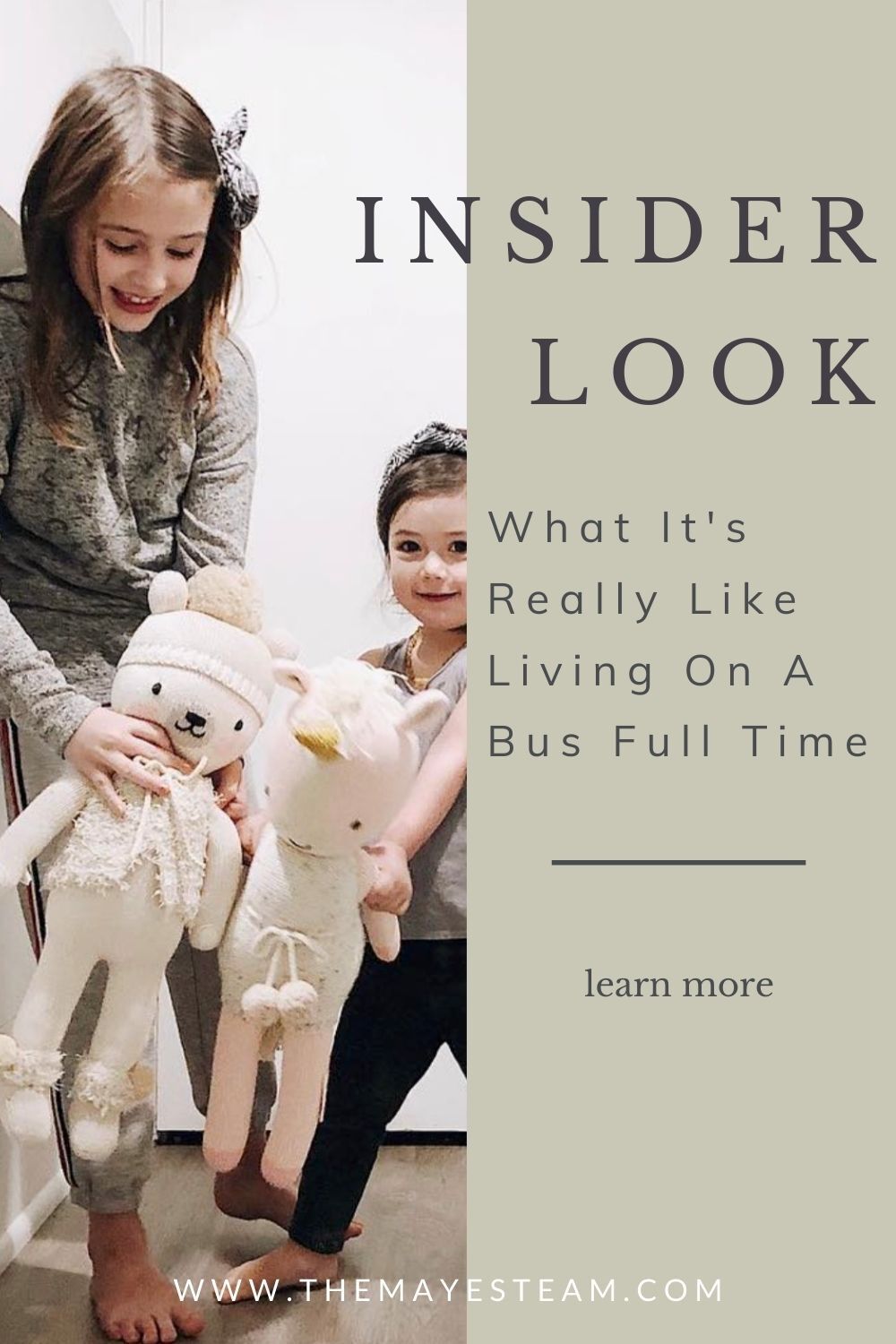 The Mayes children smile about what it's really like living on a bus full time. Image overlaid with text that reads Insider Look What It's Really Like Living on a Bus Full Time.