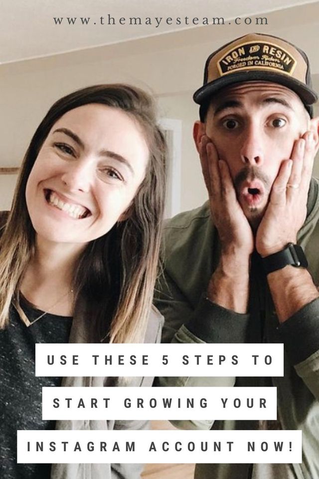 Debbie Mayes smiles as Gabriel Mayes makes a funny face in preparation for their post on what to do when you're losing followers on Instagram. Image overlaid with text that reads Use These 5 Steps to Start Growing Your Instagram Account Now!