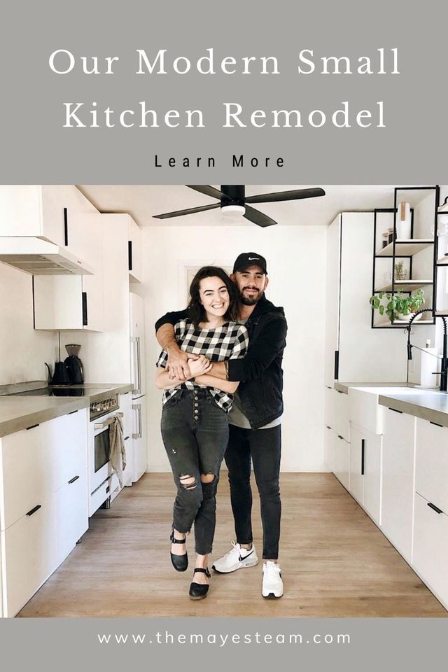 Debbie & Gabriel Mayes embrace in their skoolie  kitchen remodel. Image overlaid with text that reads Our Modern Small Kitchen Remodel Learn More.