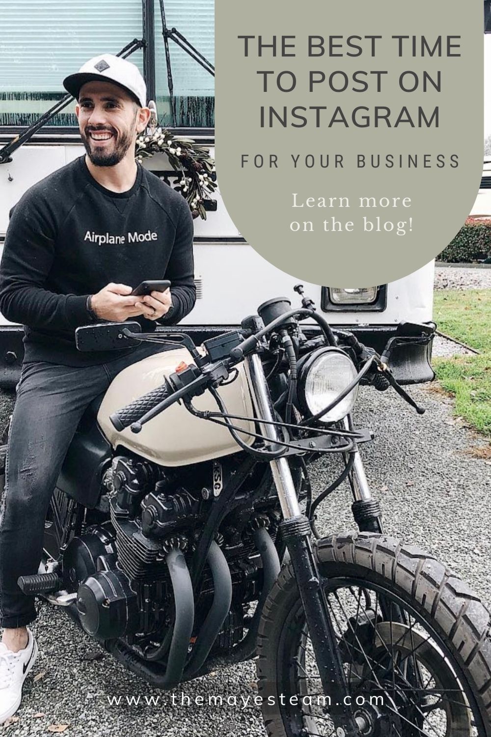 Gabriel Mayes smiles while sitting on a motorcycle and image overlaid with text that reads The Best Time to Post on Instagram for your Business, Learn more on the blog!