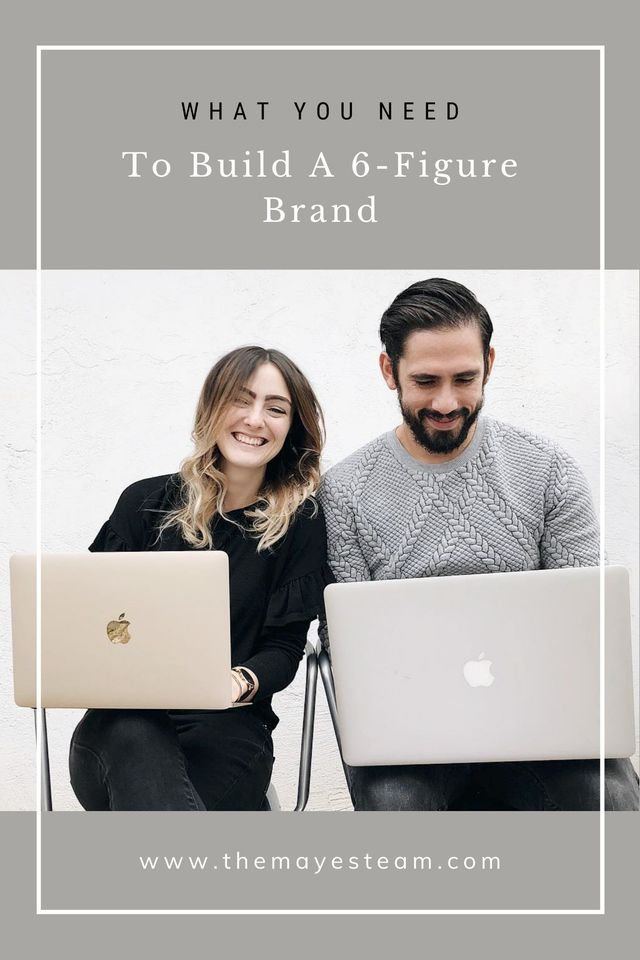 Debbie & Gabriel Mayes working next to each other while smiling about how to make 6 figures. Image overlaid with text that reads What You Need to Build a 6-Figure Brand.