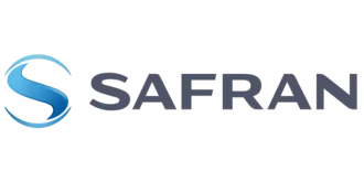 Logo Safran : tourbillon bleu dans un cercle, à côté d'un texte gris foncé.