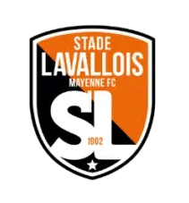 Logo du Stade Lavallois Mayenne FC : en forme de bouclier avec des touches orange, noires et blanches ; initiales « SL » en bas.