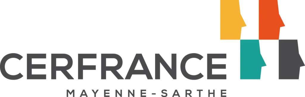 Logo CERFRANCE Mayenne-Sarthe : texte gris avec profils de visages colorés.