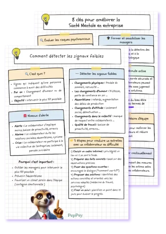 Carte mentale : 8 clés pour améliorer sa santé mentale. Illustré d'un suricate et de notes manuscrites sur papier quadrillé.