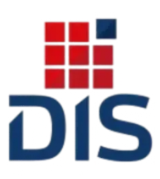 Logo de DIS avec une grille de carrés rouges et un carré bleu foncé en haut à droite. Texte « DIS » en bleu foncé.