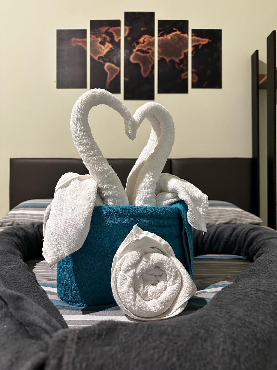 Dois cisnes feitos de toalhas estão sentados em uma cama Pousada Meraki