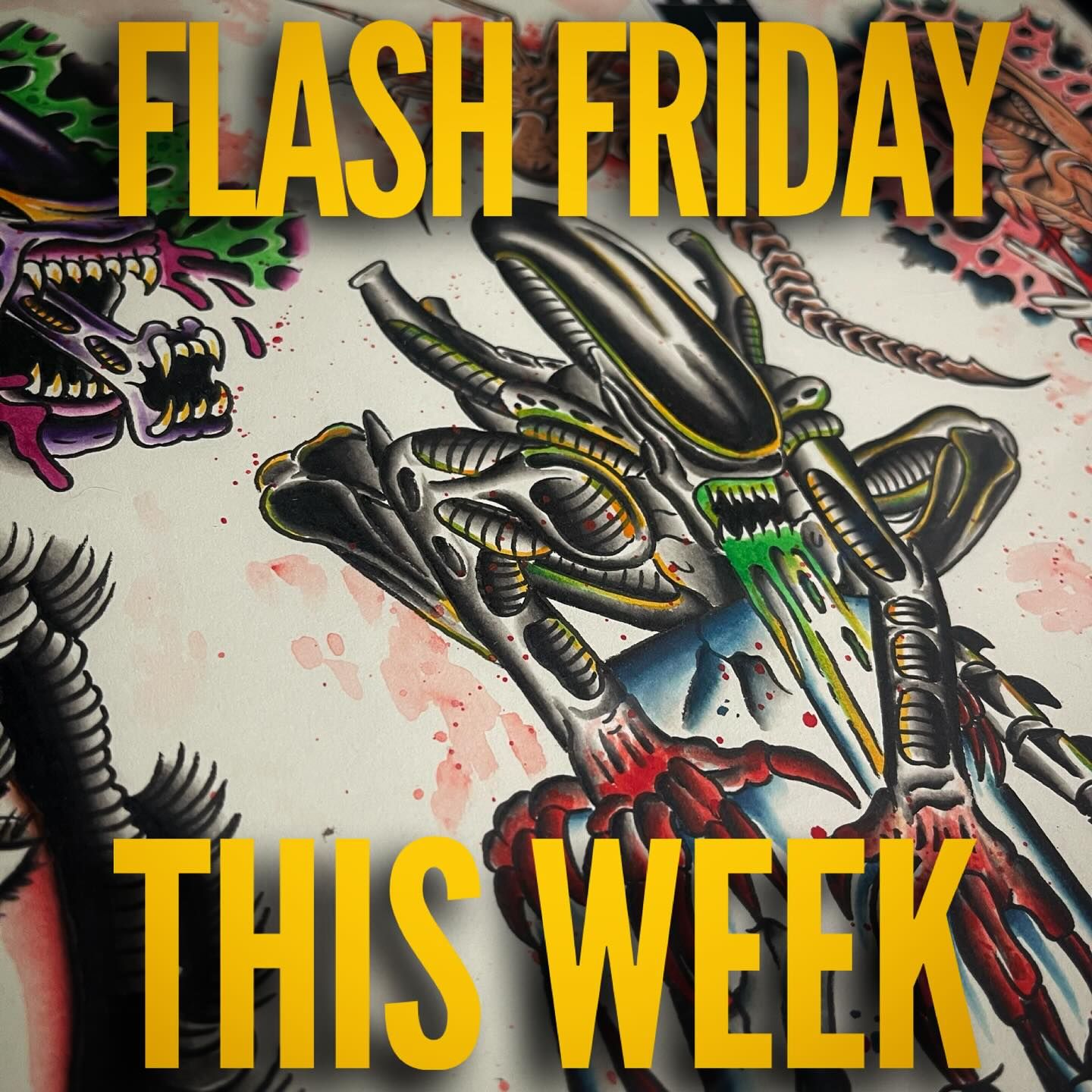 A poster with a picture of an alien and the words flash friday this week