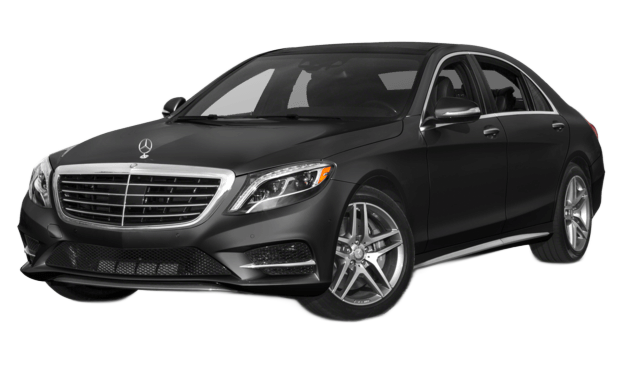 Black Mercedes-Benz S-Class sedan, parked, angled view, on a white background.