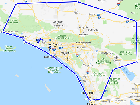 Map of Southern California outlined in blue, including Los Angeles and San Diego.