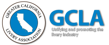 Logo for the Greater California Livery Association: Blue circle with California outline, GCLA initials, and tagline.