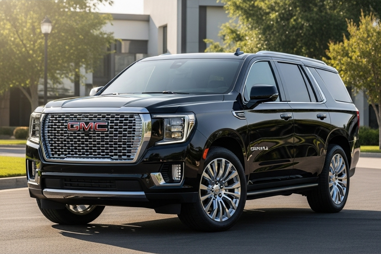 Black GMC Yukon SUV parked on a paved road, daytime.