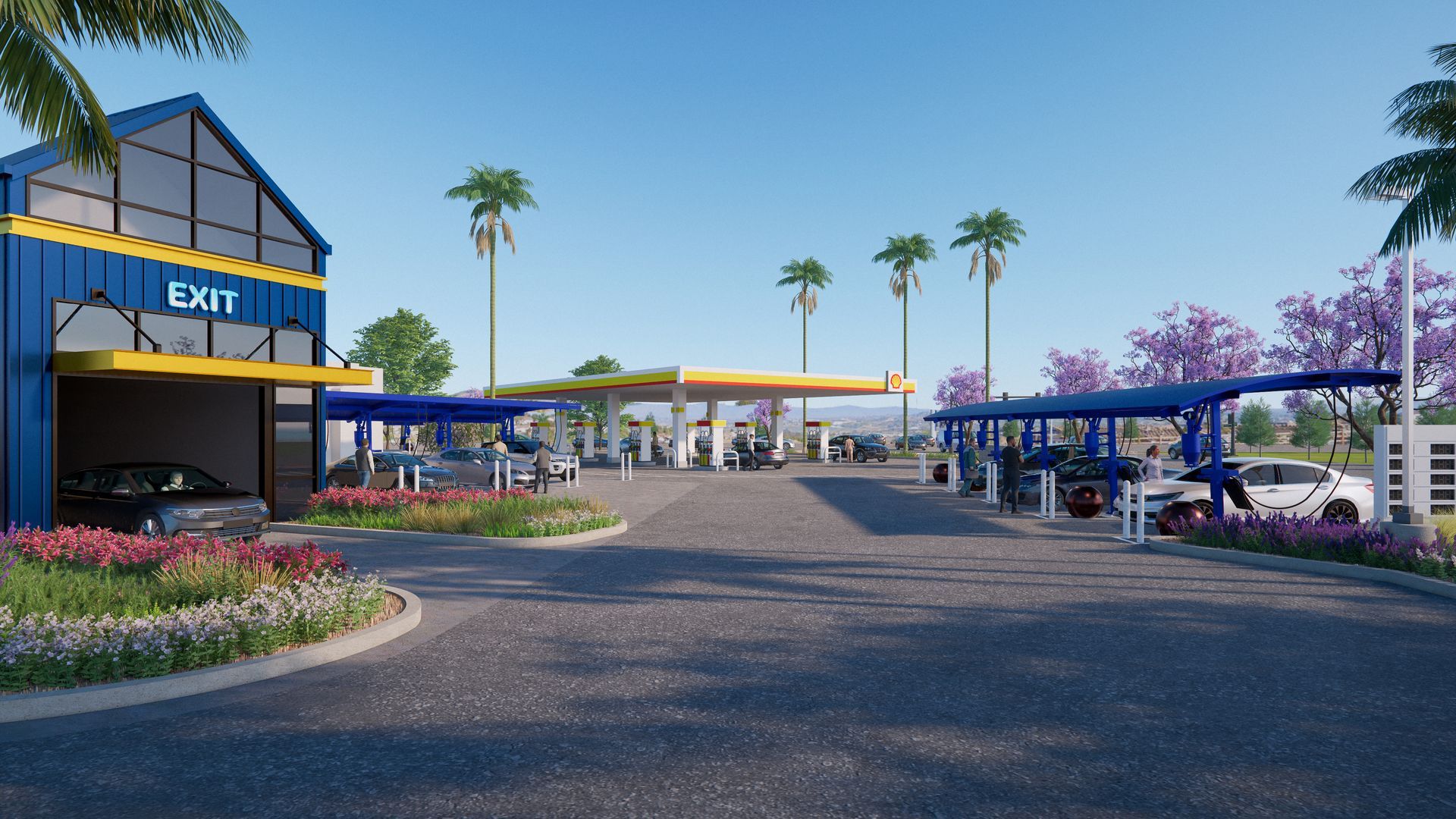 An artist 's impression of a car wash with cars parked in front of it.