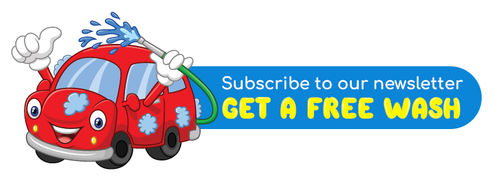 A cartoon car is spraying water on a sign that says subscribe to our newsletter get a free wash.