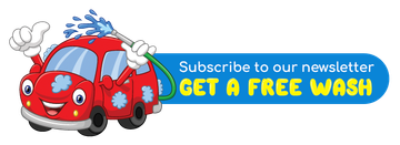 A cartoon car is spraying water on a sign that says subscribe to our newsletter get a free wash.