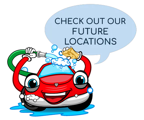 A red car is giving a thumbs up with a speech bubble that says check out our future locations