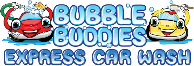 A logo for bubble buddies express car wash with cartoon cars washing their cars.