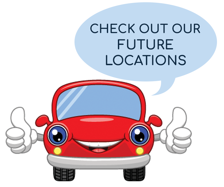 A red car is giving a thumbs up with a speech bubble that says check out our future locations