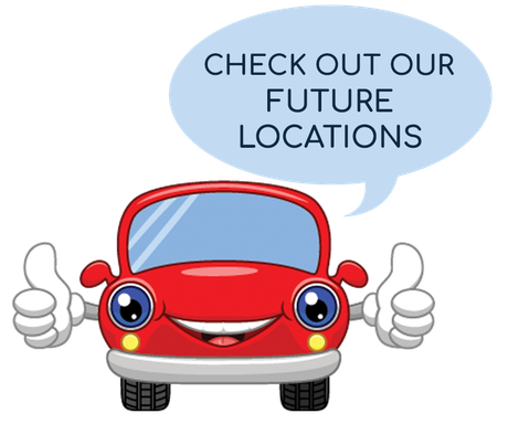 A red car is giving a thumbs up with a speech bubble that says check out our future locations