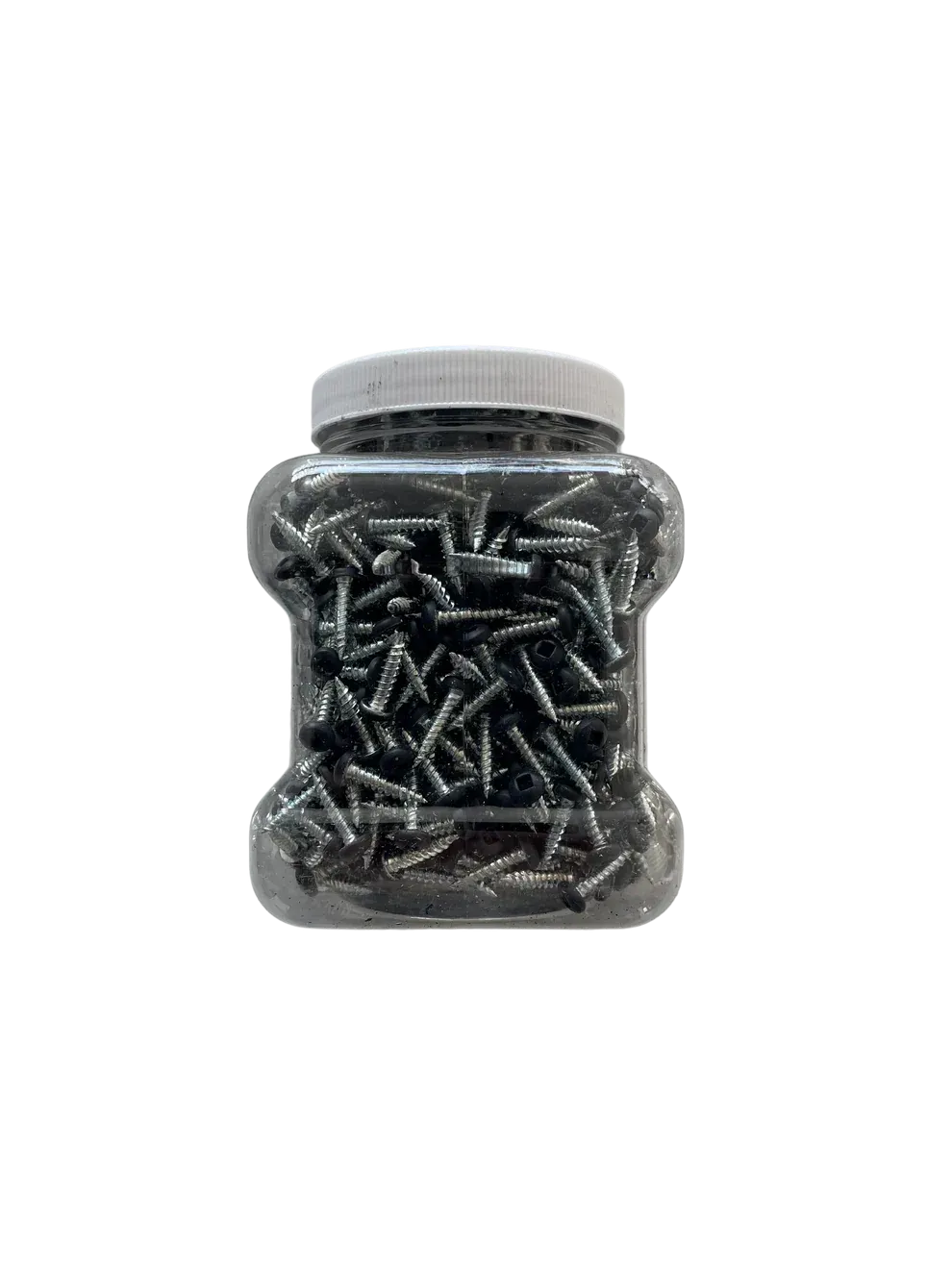 Jar filled with silver screws, white lid, on a white background.