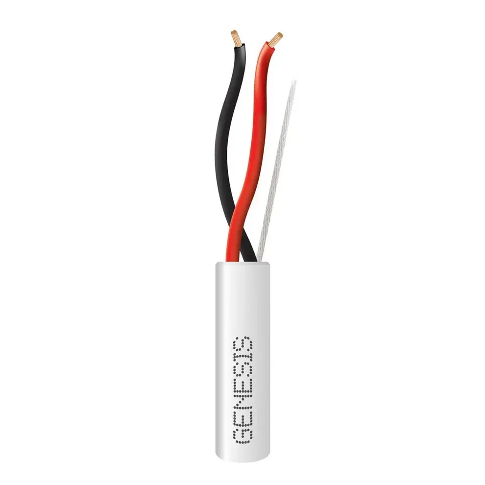 White cable with black, red, and white wires exposed. The cable is labeled