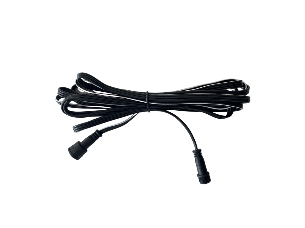 Black cable with two connectors, coiled and secured with a tie, against a white background.