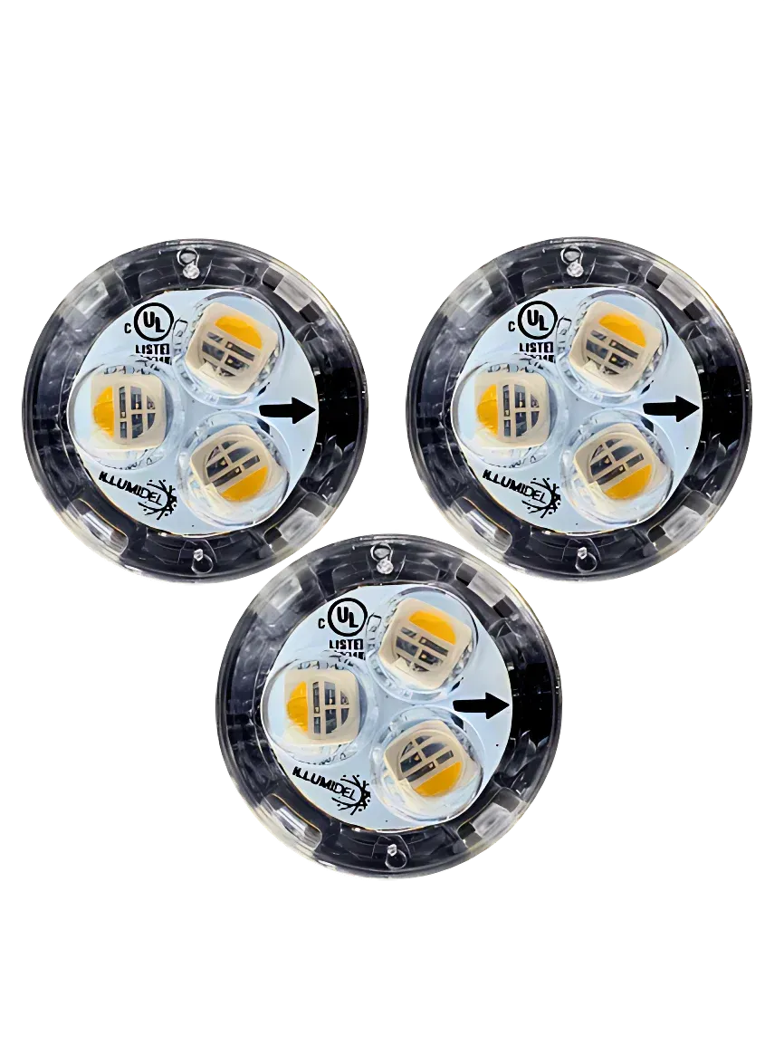 Three LED pixel lights with black wiring and connectors.