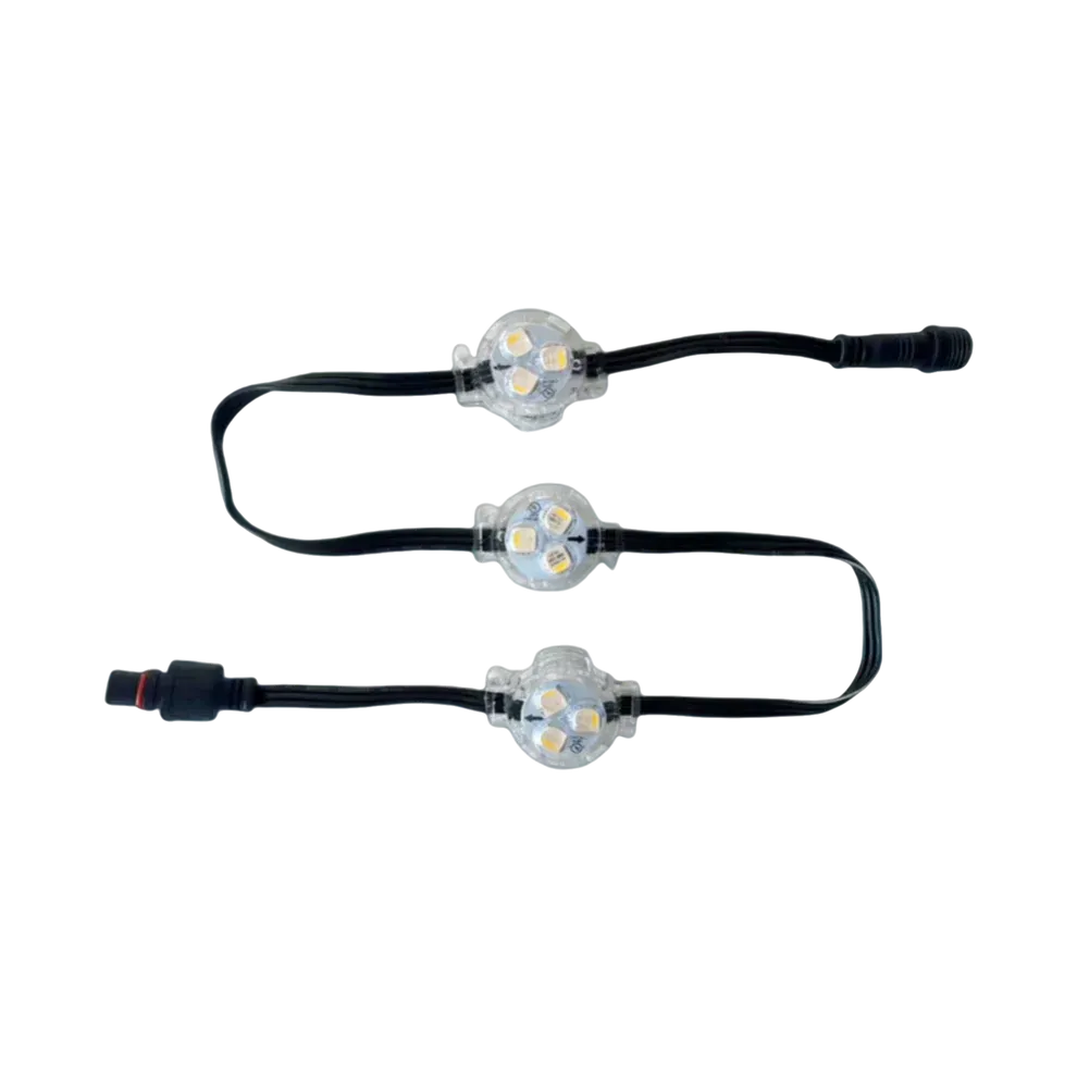 Three LED pixel lights with black wiring and connectors.