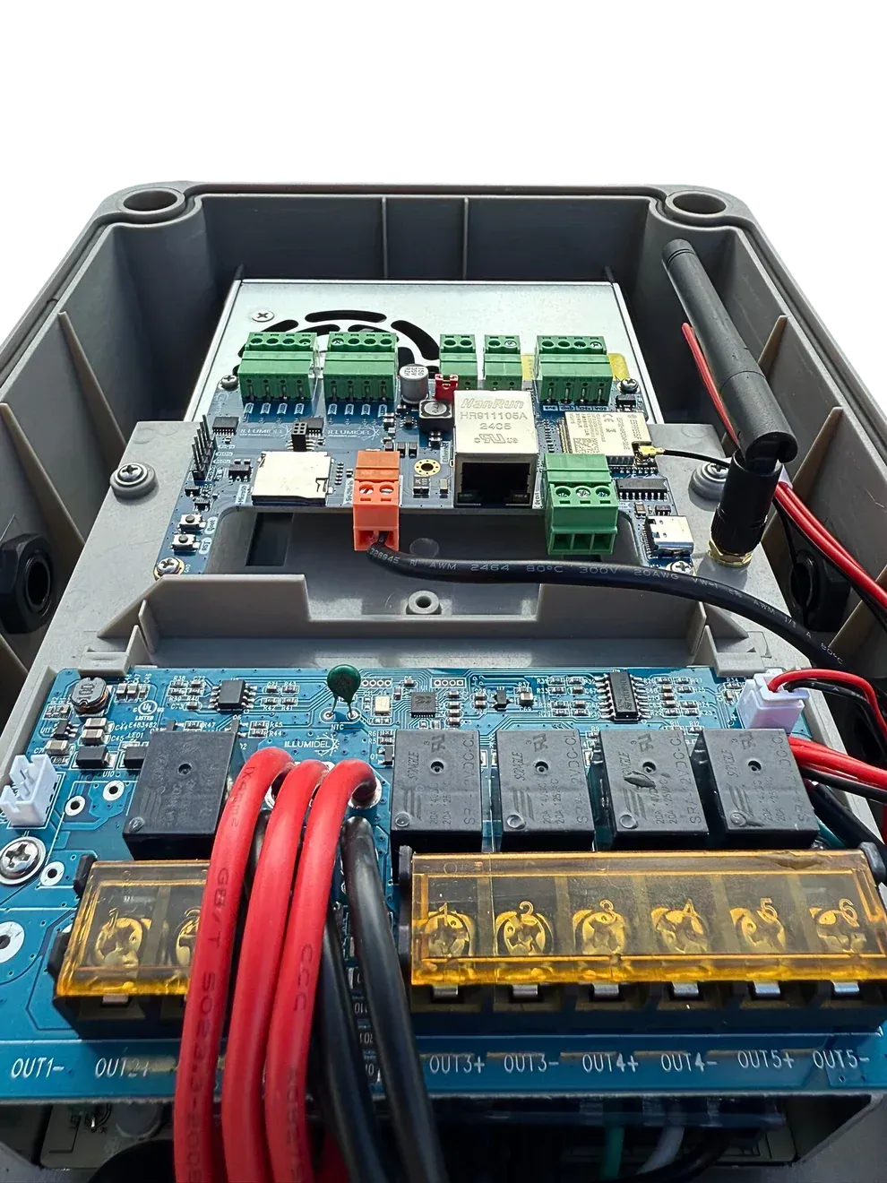 Internal components of an electrical enclosure: circuit boards, wiring, and a power supply.