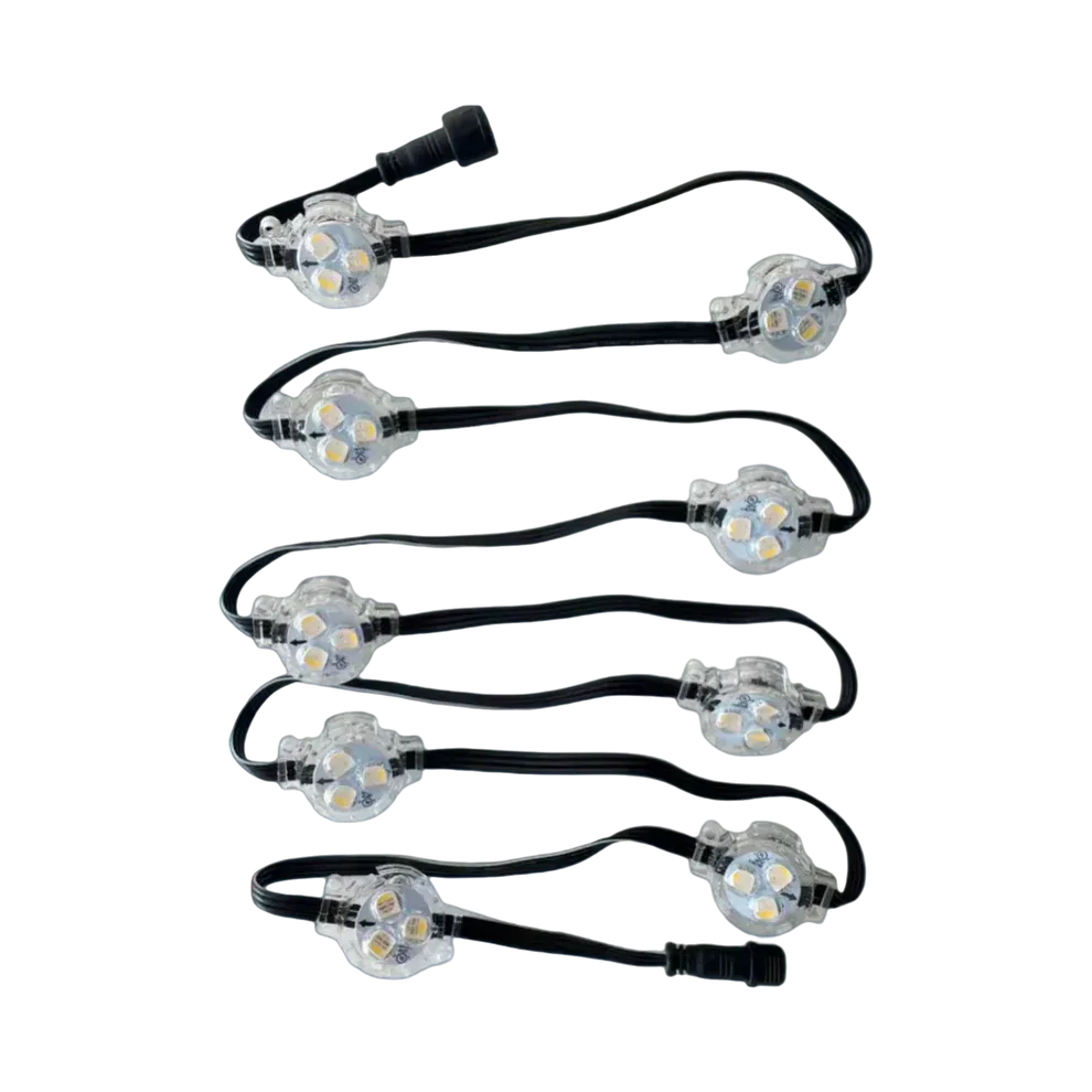 String of six clear LED pixel lights on black wire, with a connector.