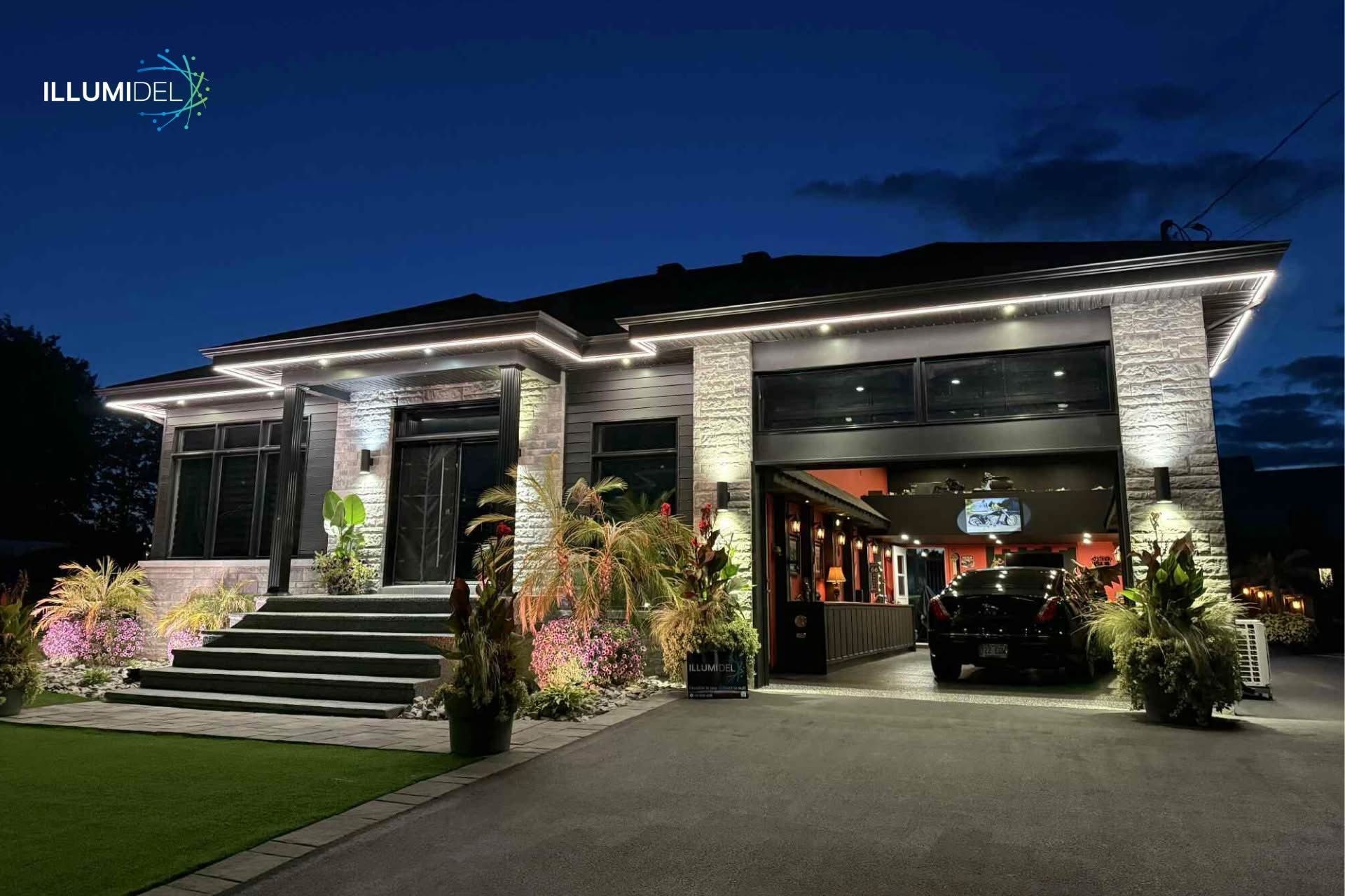 House exterior at night, lit with white lights. Stone facade, garage with car, and landscaped yard.
