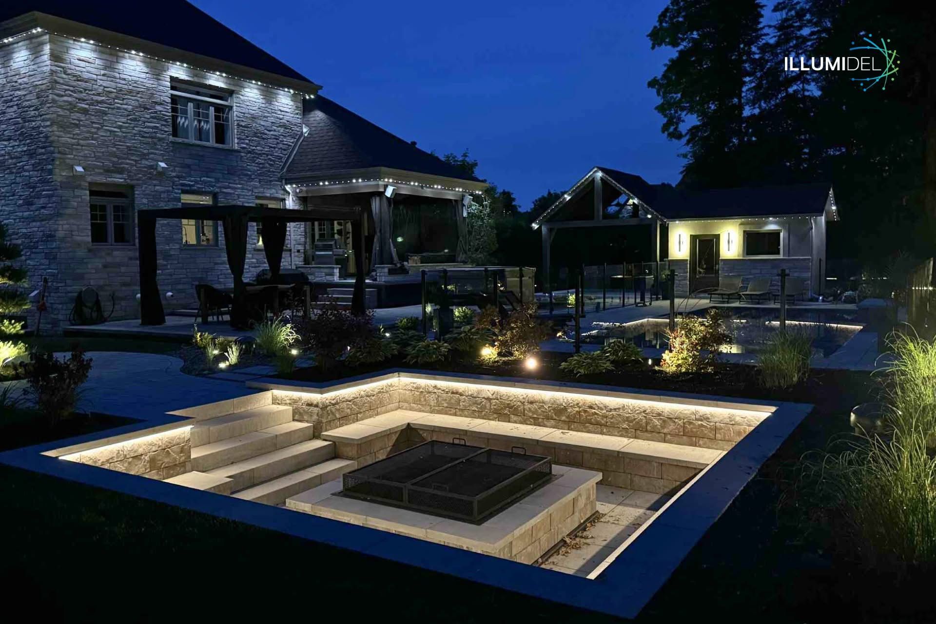 Night view of a backyard with a lit fire pit and patio, stone house in background.