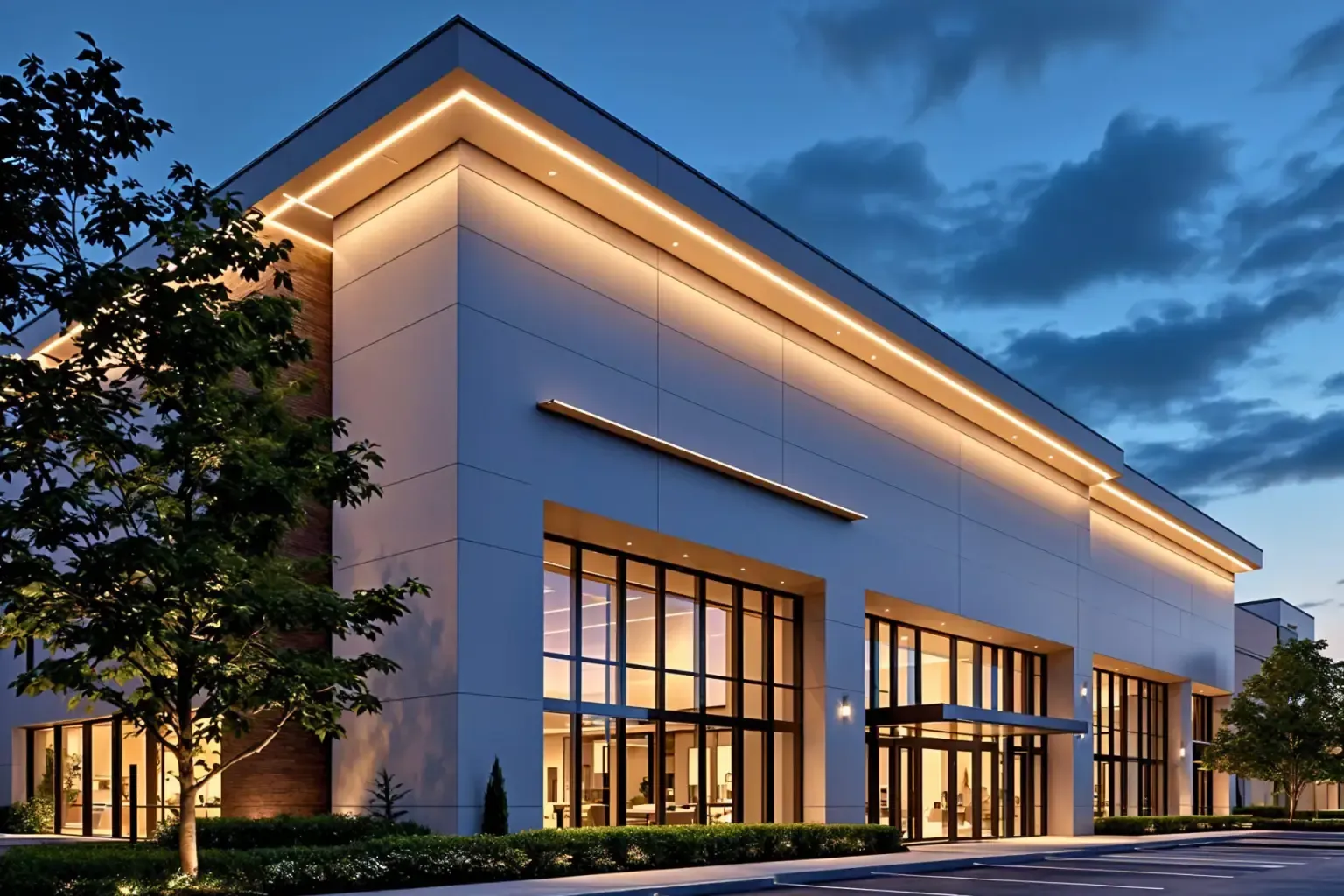 Modern building exterior with bright lighting at dusk.