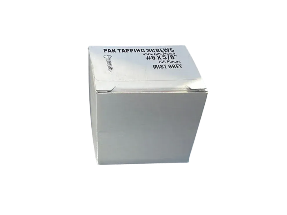 Box of pan tapping screws, light gray, with labeling.