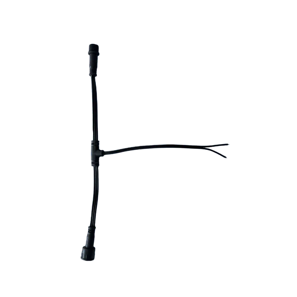 Black electrical Y-splitter cable with male and female connectors and two wire ends.
